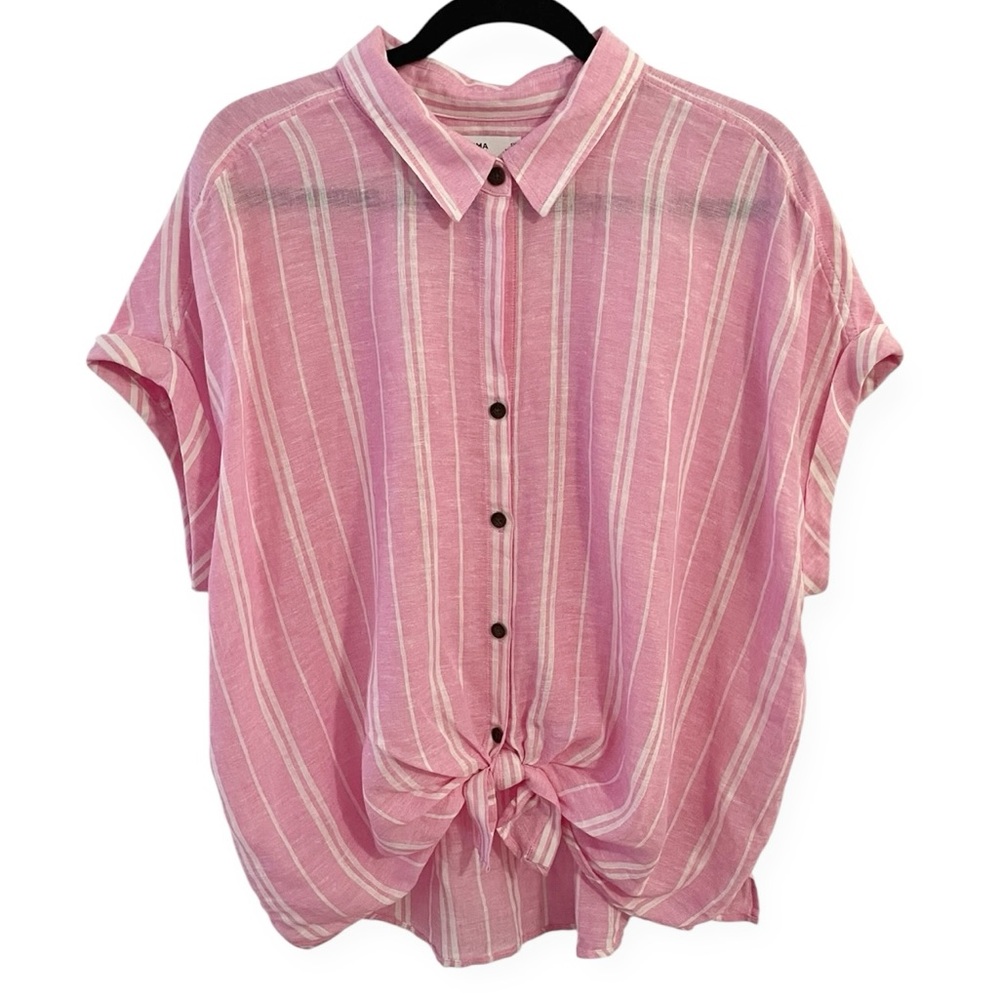 Sonoma Linen blend Striped Button down Pink White Tie Front Shirt Womens 1X boho